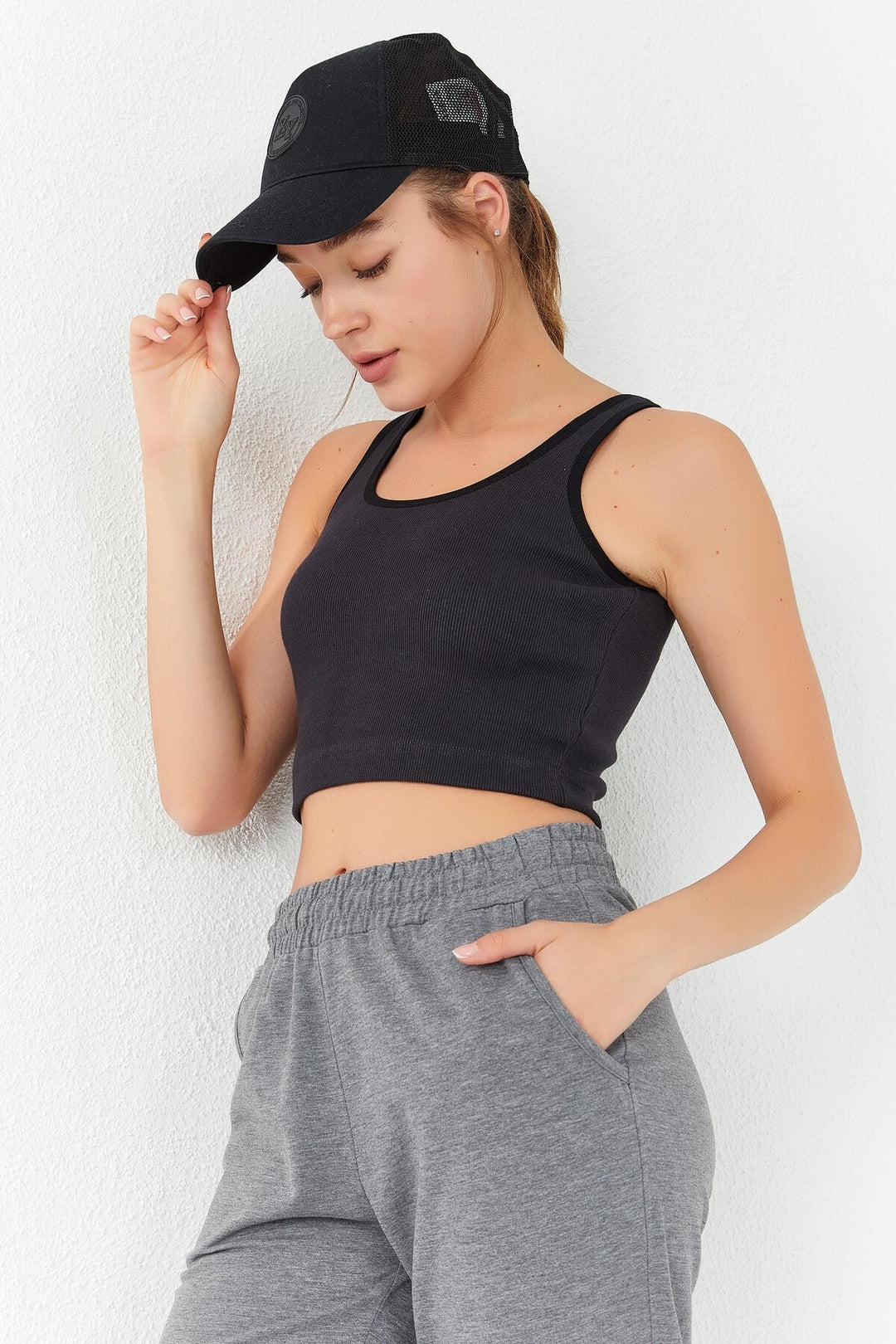 TMY Smoke Basic Zero Sleeve Slim Fit U Neck Women's Crop Top Tank Top - 97160 - Thunder Bay