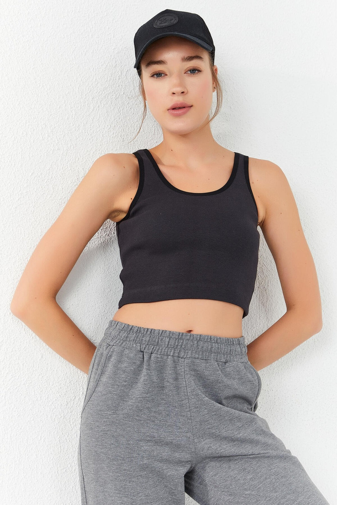 TMY Smoke Basic Zero Sleeve Slim Fit U Neck Women's Crop Top Tank Top - 97160 - Thunder Bay