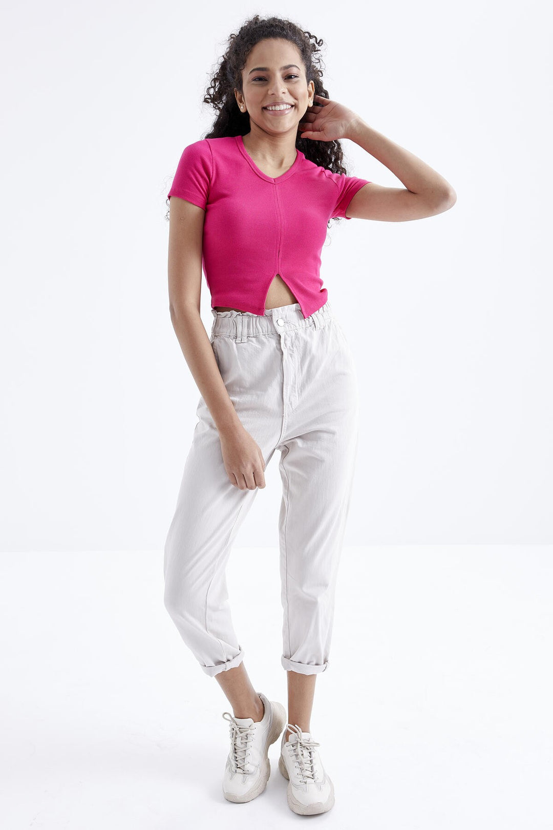 TMY Fuchsia Basic Front Slit V-Neck Women's Crop Top T-Shirt - 97206 - Thérmi