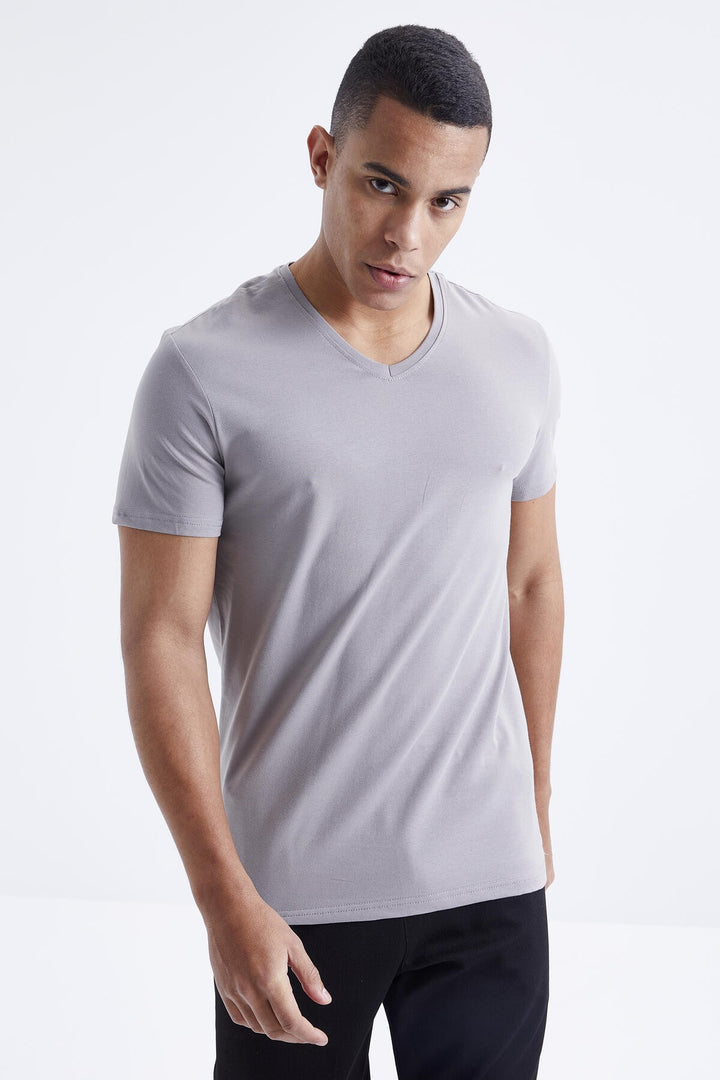 TMY Gray Basic Short Sleeve Standard Mold V Neck Men's T-Shirt - 87912 - Ealing