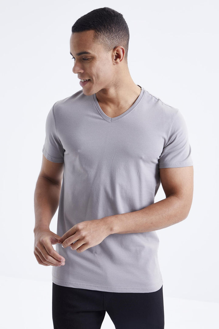 TMY Gray Basic Short Sleeve Standard Mold V Neck Men's T-Shirt - 87912 - Ealing