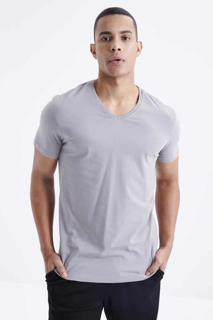 TMY Gray Basic Short Sleeve Standard Mold V Neck Men's T-Shirt - 87912 - Ealing