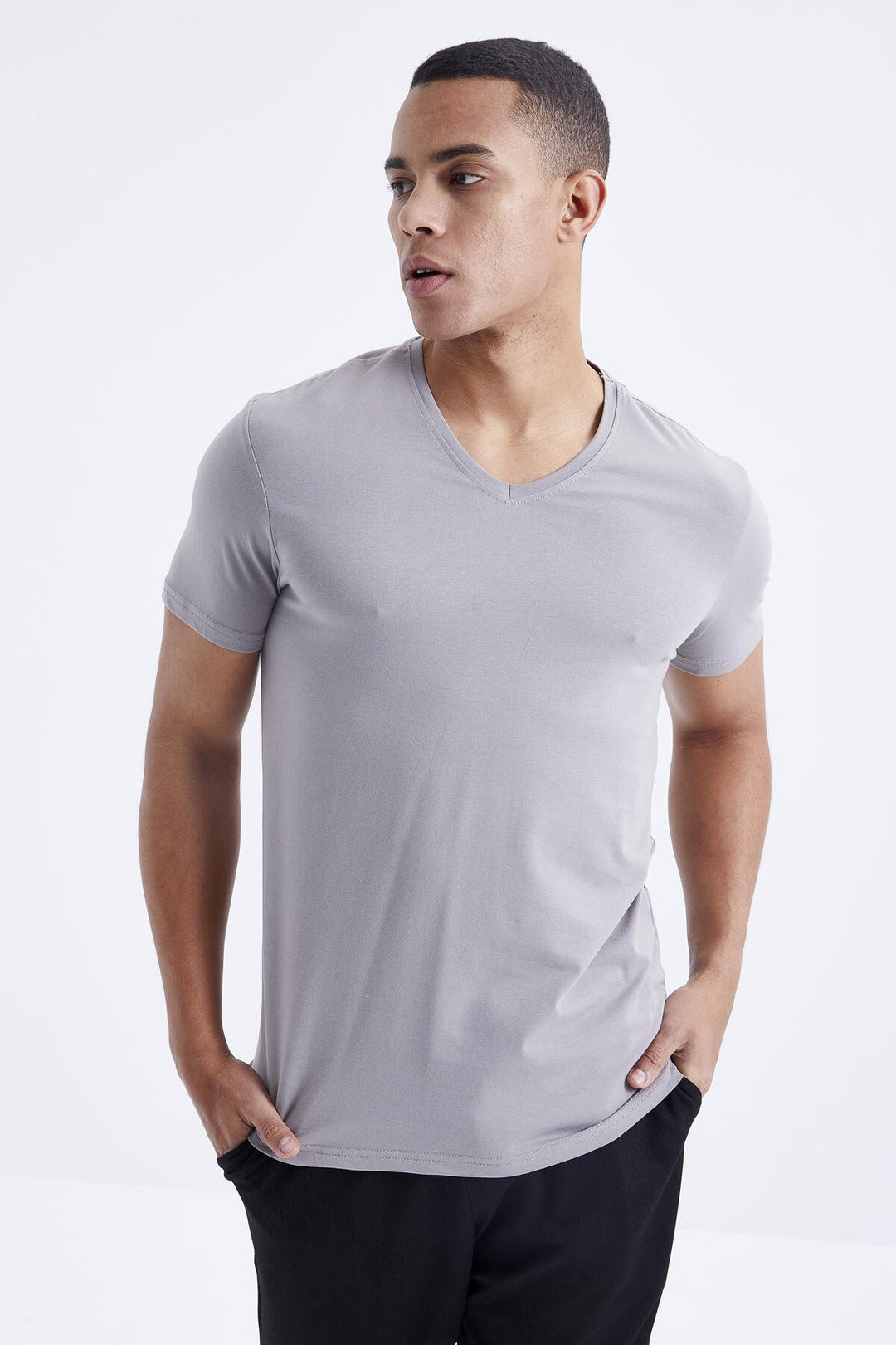 TMY Gray Basic Short Sleeve Standard Mold V Neck Men's T-Shirt - 87912 - Ealing