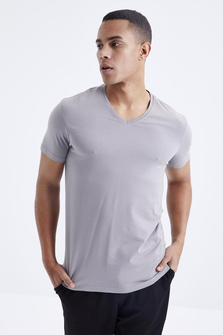 TMY Gray Basic Short Sleeve Standard Mold V Neck Men's T-Shirt - 87912 - Ealing
