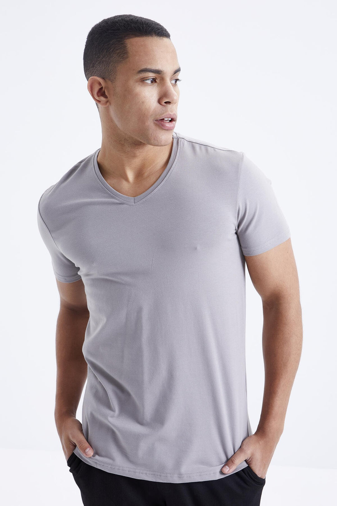 TMY Gray Basic Short Sleeve Standard Mold V Neck Men's T-Shirt - 87912 - Ealing