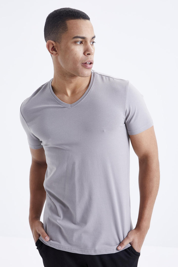 TMY Gray Basic Short Sleeve Standard Mold V Neck Men's T-Shirt - 87912 - Ealing