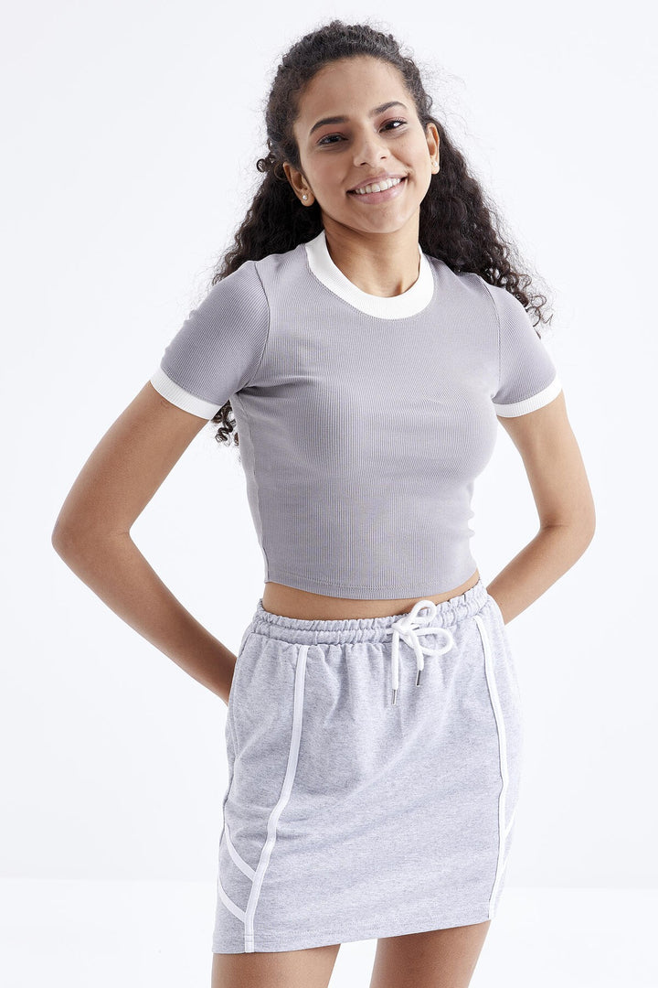 TMY Gray Basic Sleeve Detail O Neck Women's Crop Top T-Shirt - 97200 - Clacton-on-Sea