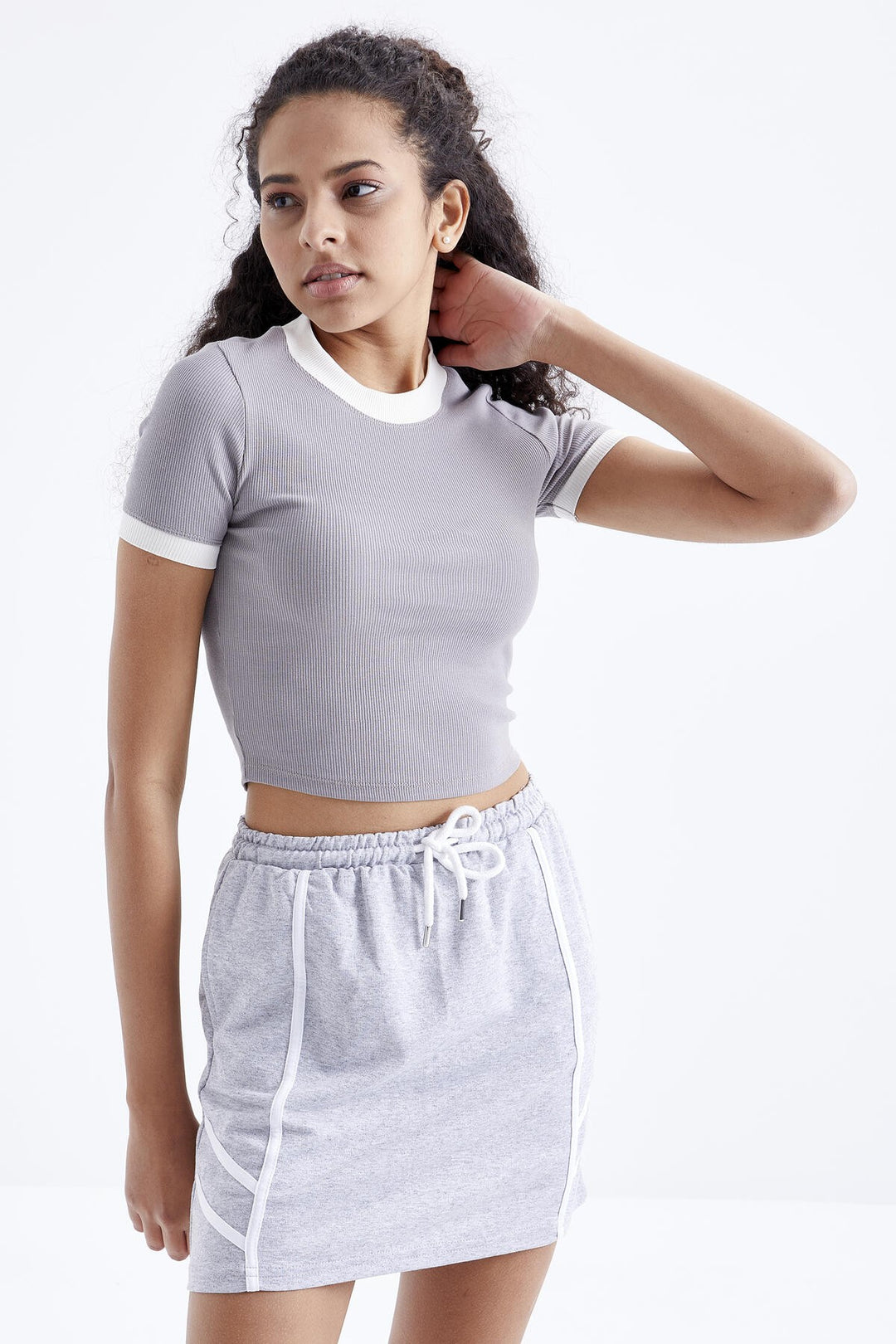 TMY Gray Basic Sleeve Detail O Neck Women's Crop Top T-Shirt - 97200 - Clacton-on-Sea