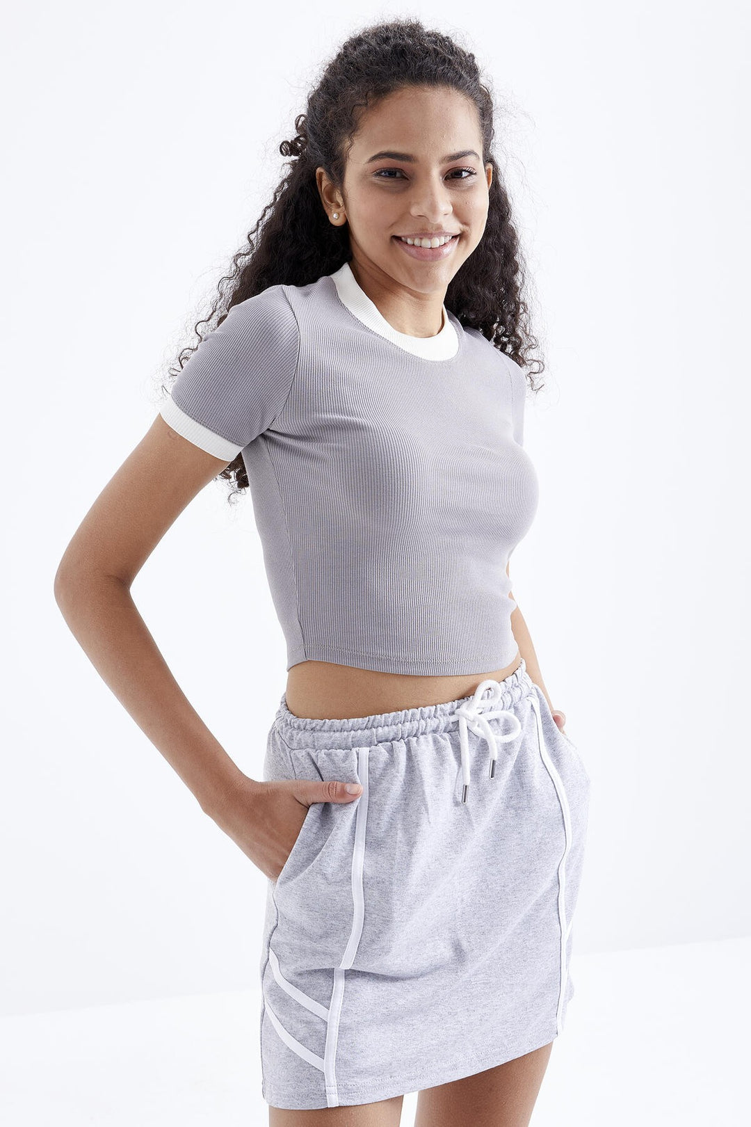 TMY Gray Basic Sleeve Detail O Neck Women's Crop Top T-Shirt - 97200 - Clacton-on-Sea
