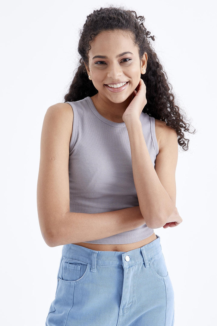 TMY Gray Basic Sleeveless O Neck Women's Crop Top Tank Top - 97204 - Santa Ana Nextlalpan