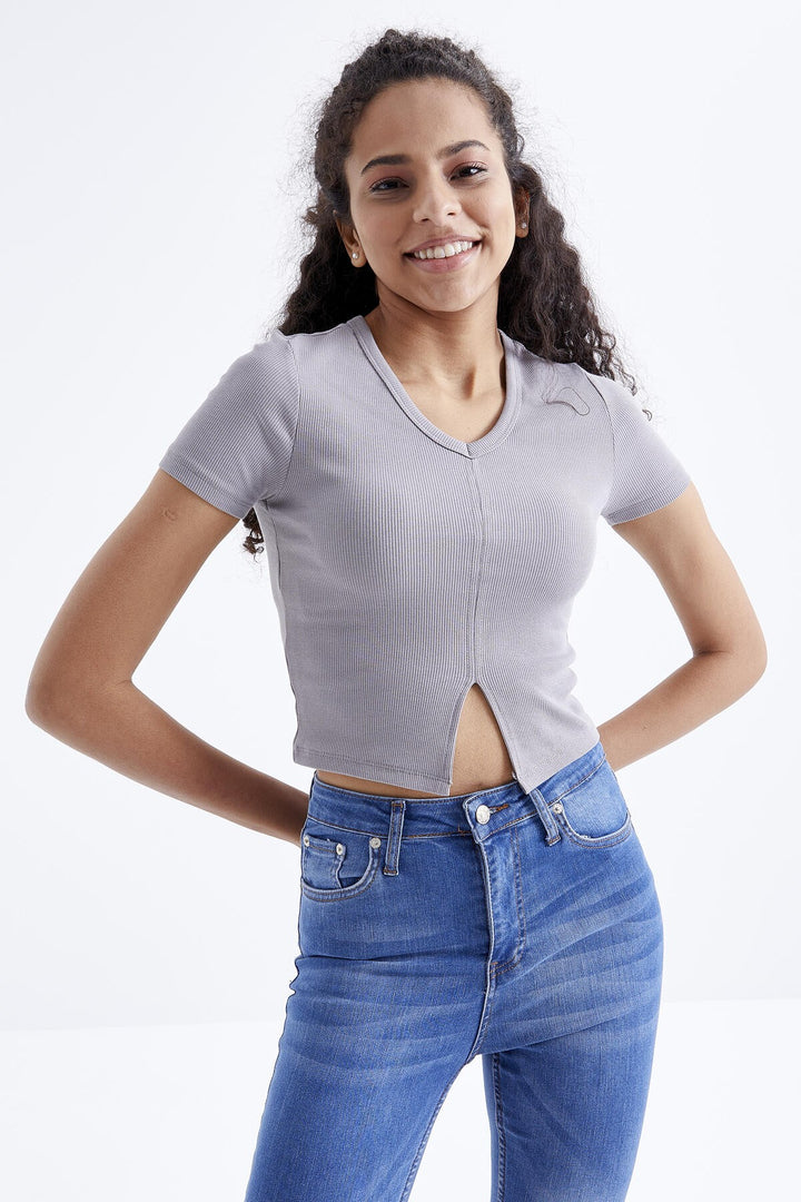 TMY Gray Basic Front Slit V-Neck Women's Crop Top T-Shirt - 97206 - Stafford