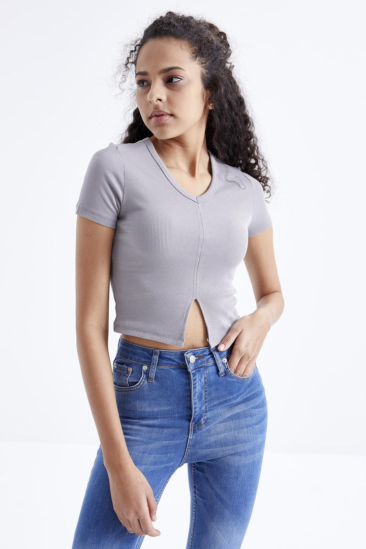 TMY Gray Basic Front Slit V-Neck Women's Crop Top T-Shirt - 97206 - Stafford