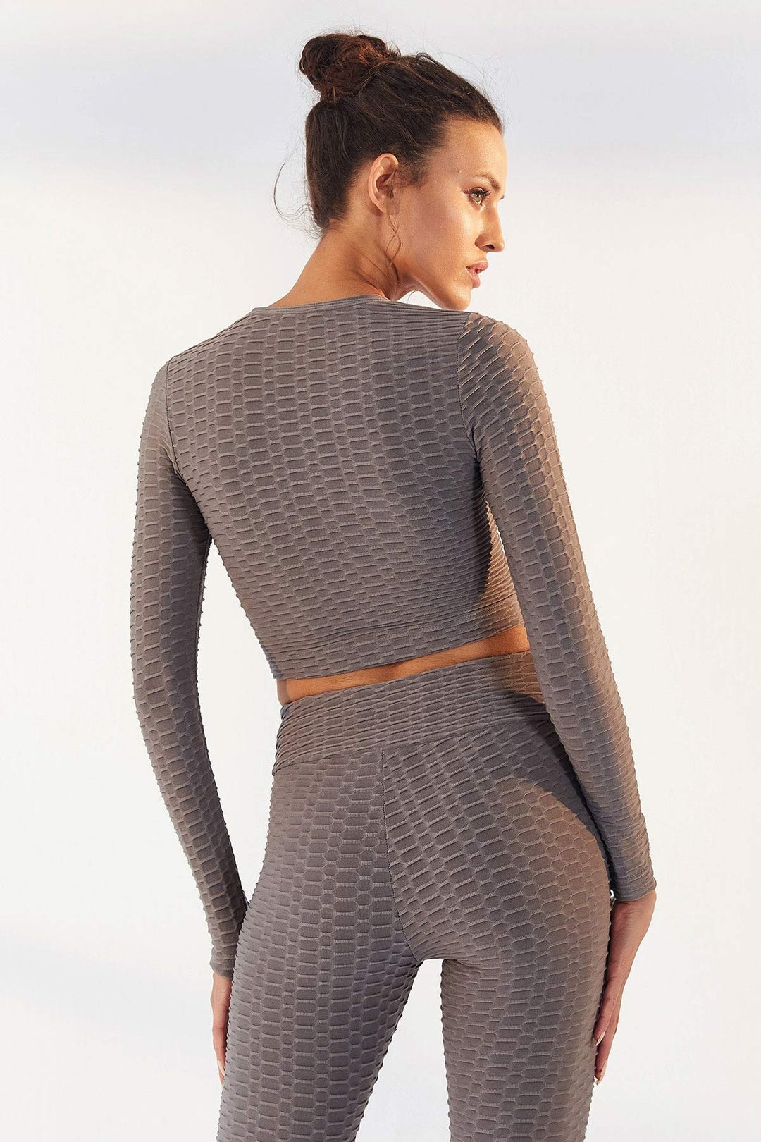 TMY Gray Self-Patterned O Neck Long Sleeve Women's Crop Top T-Shirt - 97153 - Roswell