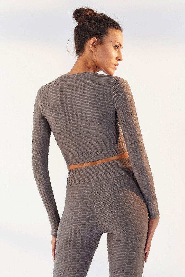 TMY Gray Self-Patterned O Neck Long Sleeve Women's Crop Top T-Shirt - 97153 - Roswell
