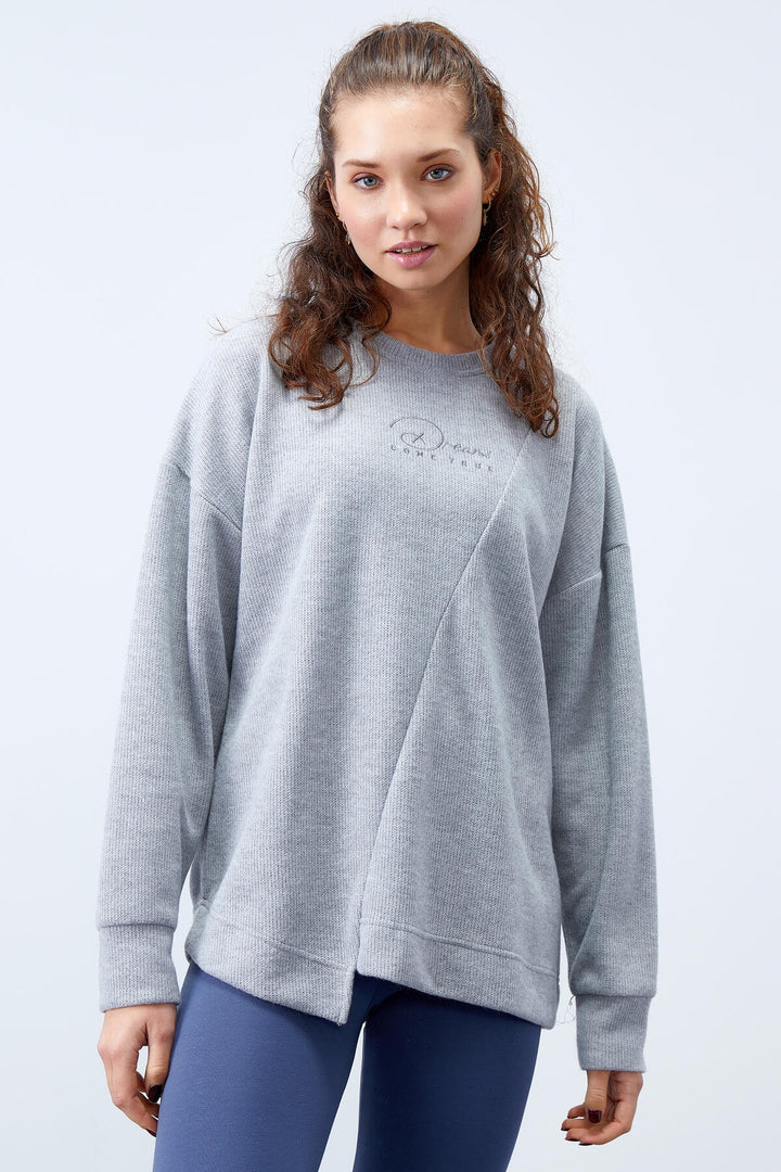 TMY Gray Melange Asymmetric Cut O Neck Slub Women's Oversize Sweatshirt - 97191 - San Pedro