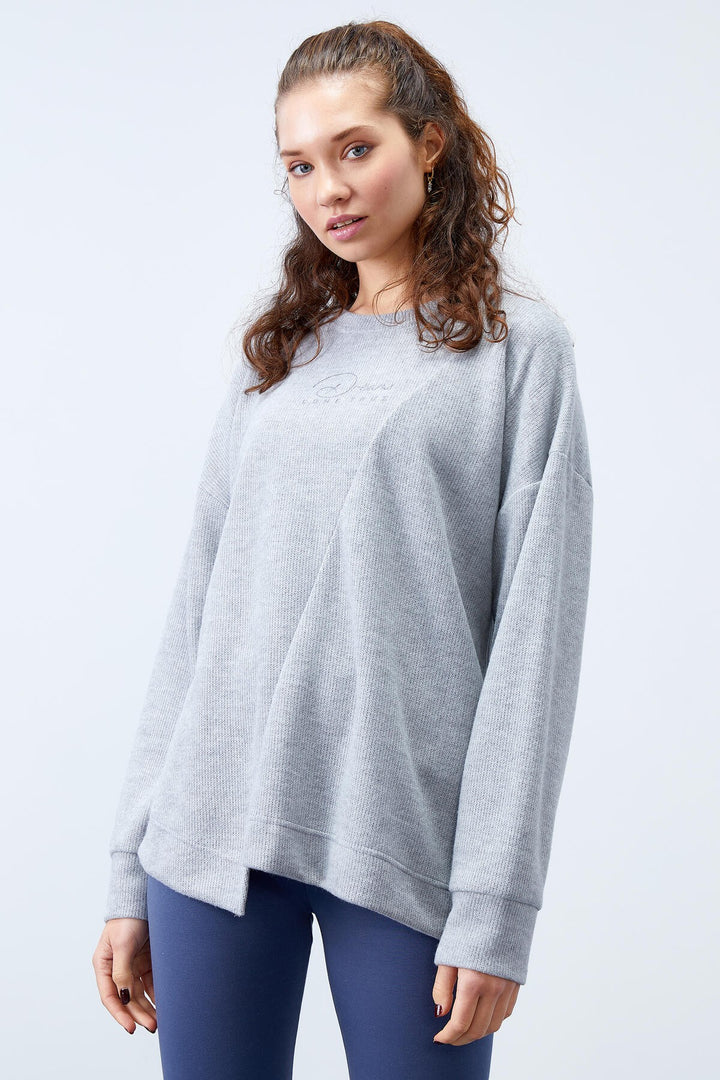 TMY Gray Melange Asymmetric Cut O Neck Slub Women's Oversize Sweatshirt - 97191 - San Pedro