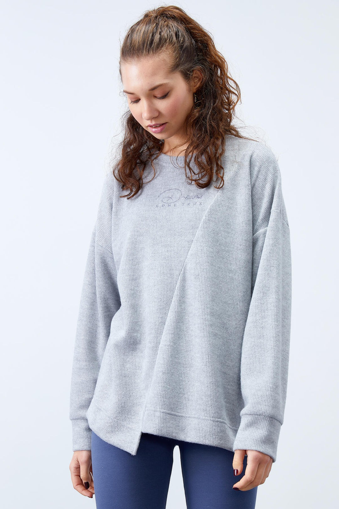 TMY Gray Melange Asymmetric Cut O Neck Slub Women's Oversize Sweatshirt - 97191 - San Pedro