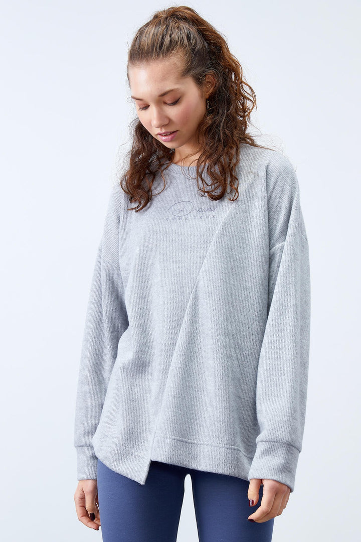 TMY Gray Melange Asymmetric Cut O Neck Slub Women's Oversize Sweatshirt - 97191 - San Pedro