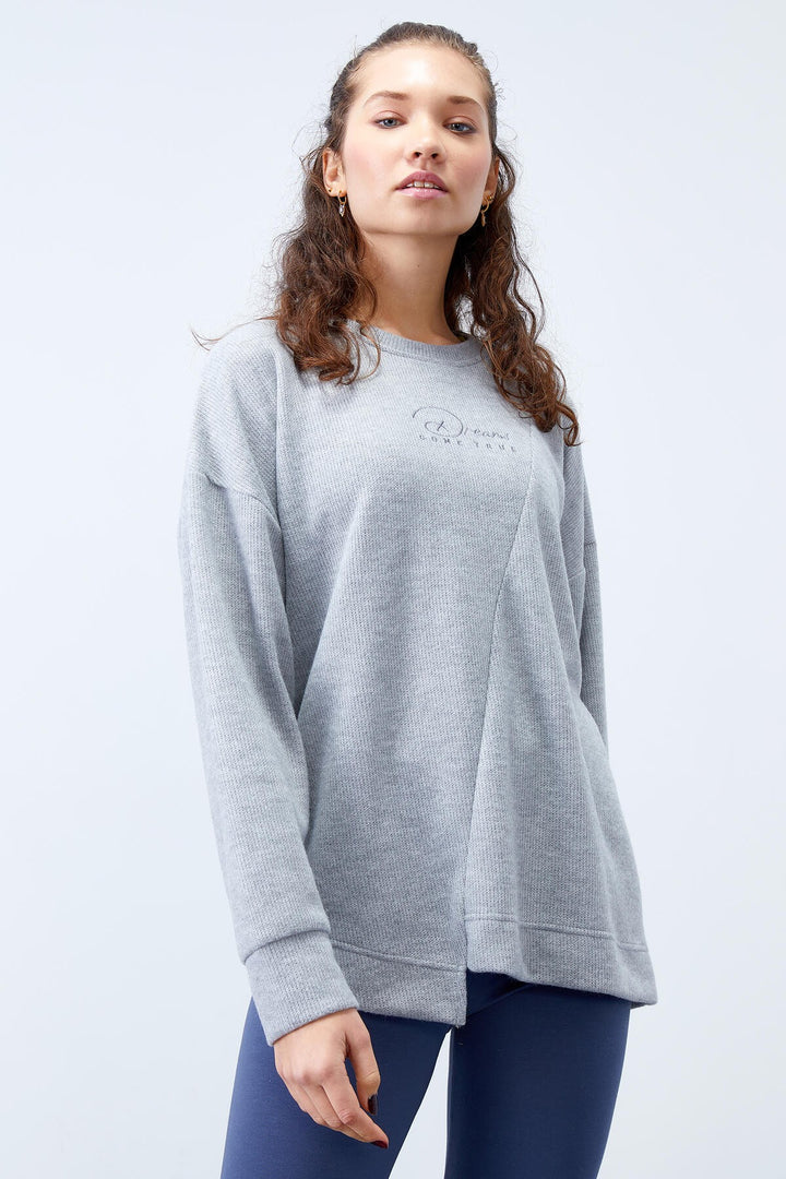 TMY Gray Melange Asymmetric Cut O Neck Slub Women's Oversize Sweatshirt - 97191 - San Pedro
