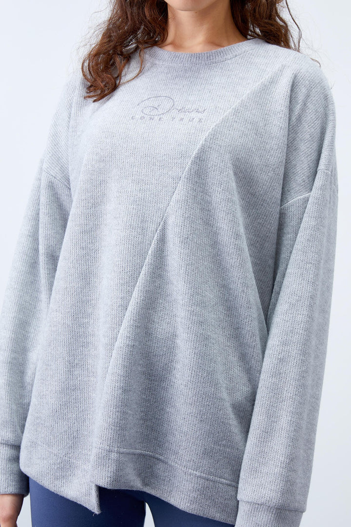 TMY Gray Melange Asymmetric Cut O Neck Slub Women's Oversize Sweatshirt - 97191 - San Pedro