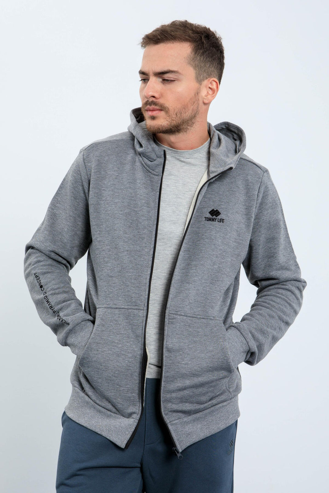 TMY Gray Melange Basic Hooded Comfort Fit Embroidered Detail Zippered Men's Sweatshirt - 88035 - Evans