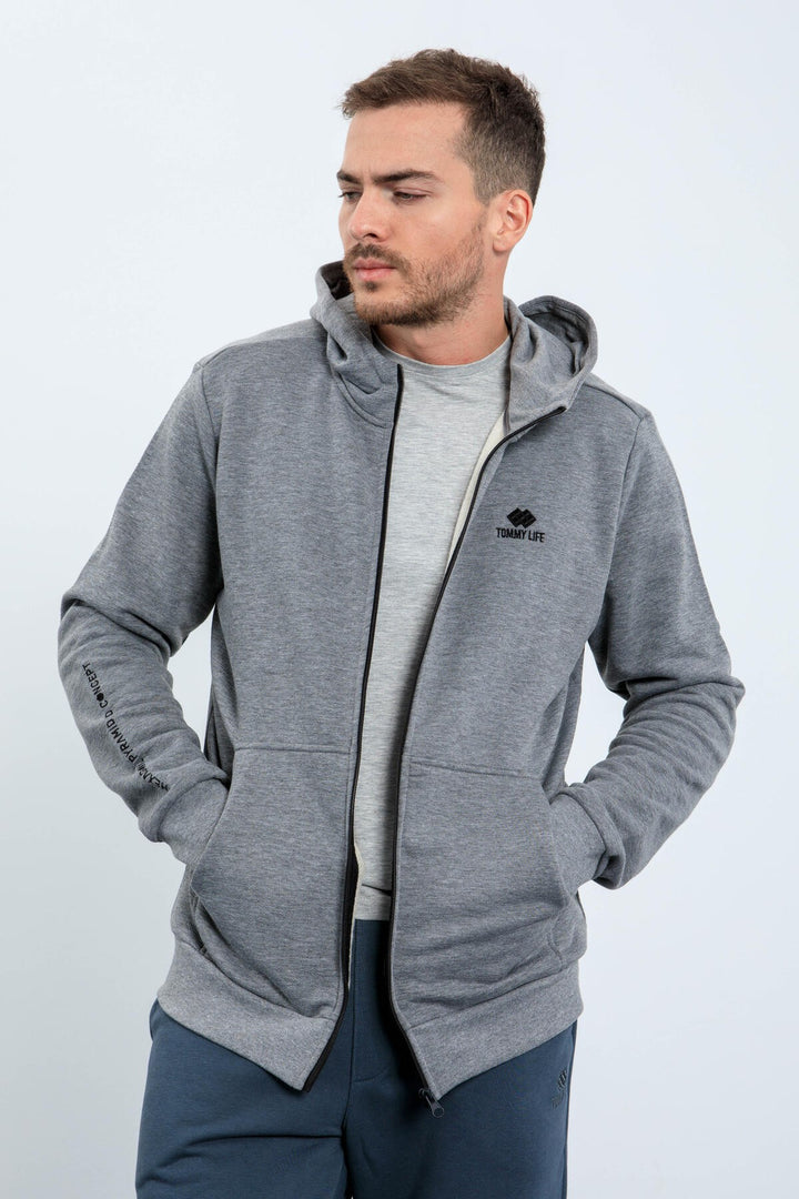 TMY Gray Melange Basic Hooded Comfort Fit Embroidered Detail Zippered Men's Sweatshirt - 88035 - Evans