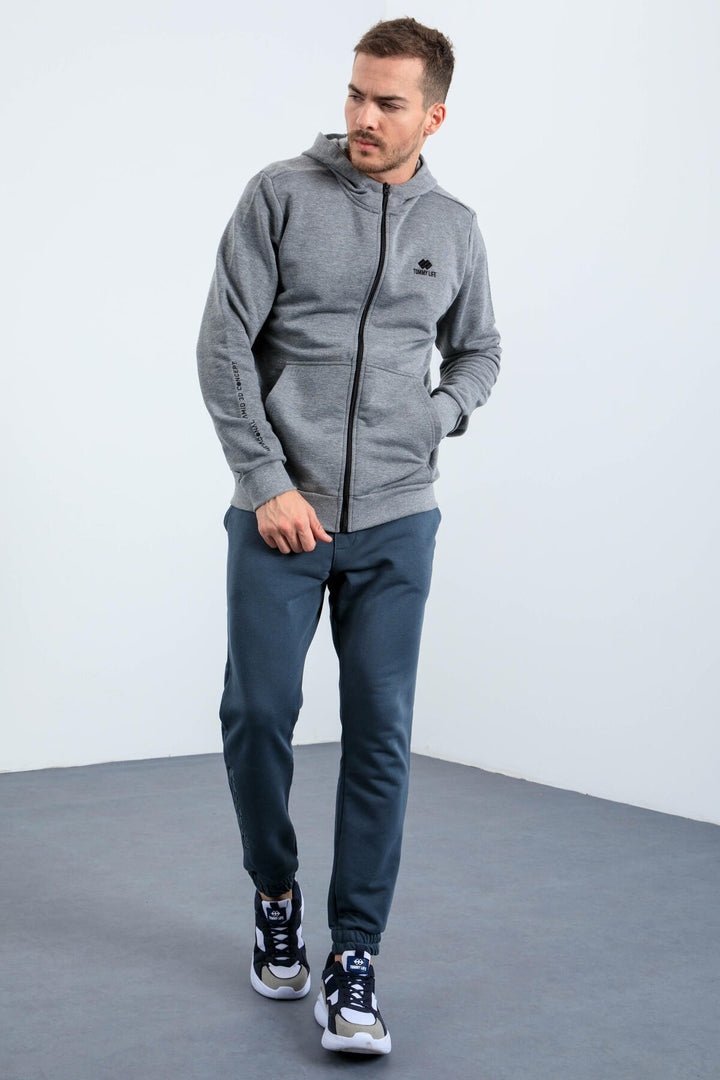 TMY Gray Melange Basic Hooded Comfort Fit Embroidered Detail Zippered Men's Sweatshirt - 88035 - Evans