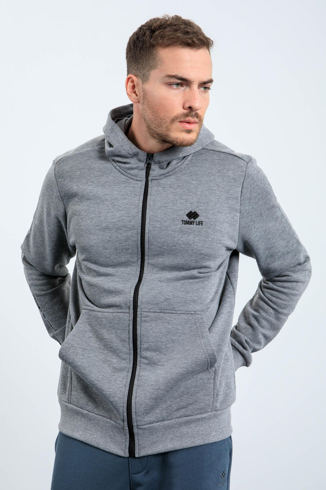 TMY Gray Melange Basic Hooded Comfort Fit Embroidered Detail Zippered Men's Sweatshirt - 88035 - Evans
