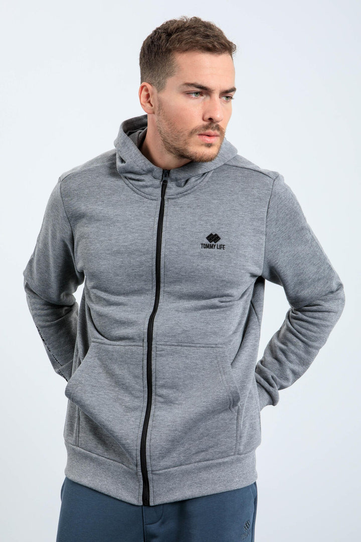 TMY Gray Melange Basic Hooded Comfort Fit Embroidered Detail Zippered Men's Sweatshirt - 88035 - Evans