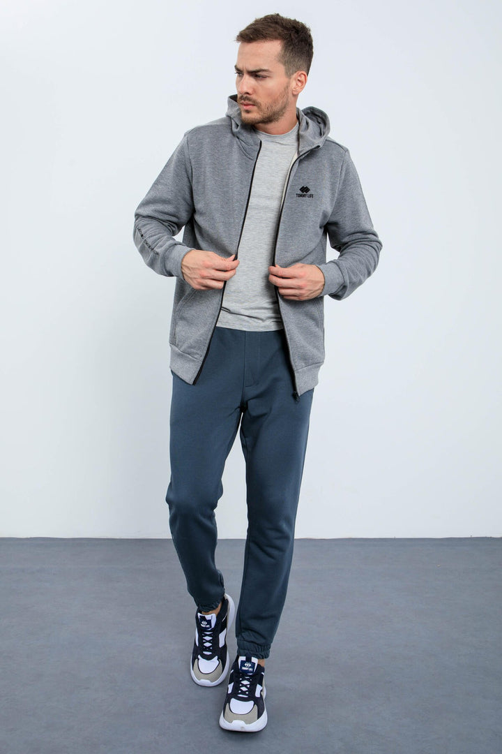 TMY Gray Melange Basic Hooded Comfort Fit Embroidered Detail Zippered Men's Sweatshirt - 88035 - Evans