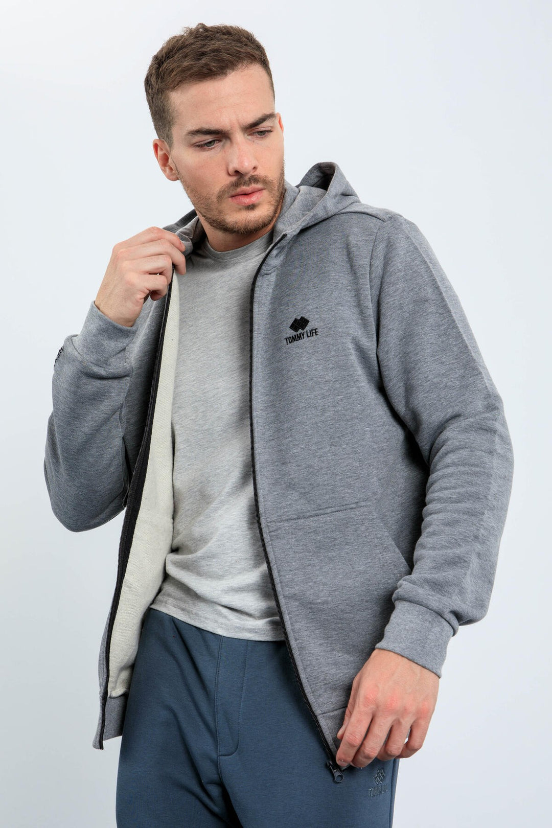 TMY Gray Melange Basic Hooded Comfort Fit Embroidered Detail Zippered Men's Sweatshirt - 88035 - Evans