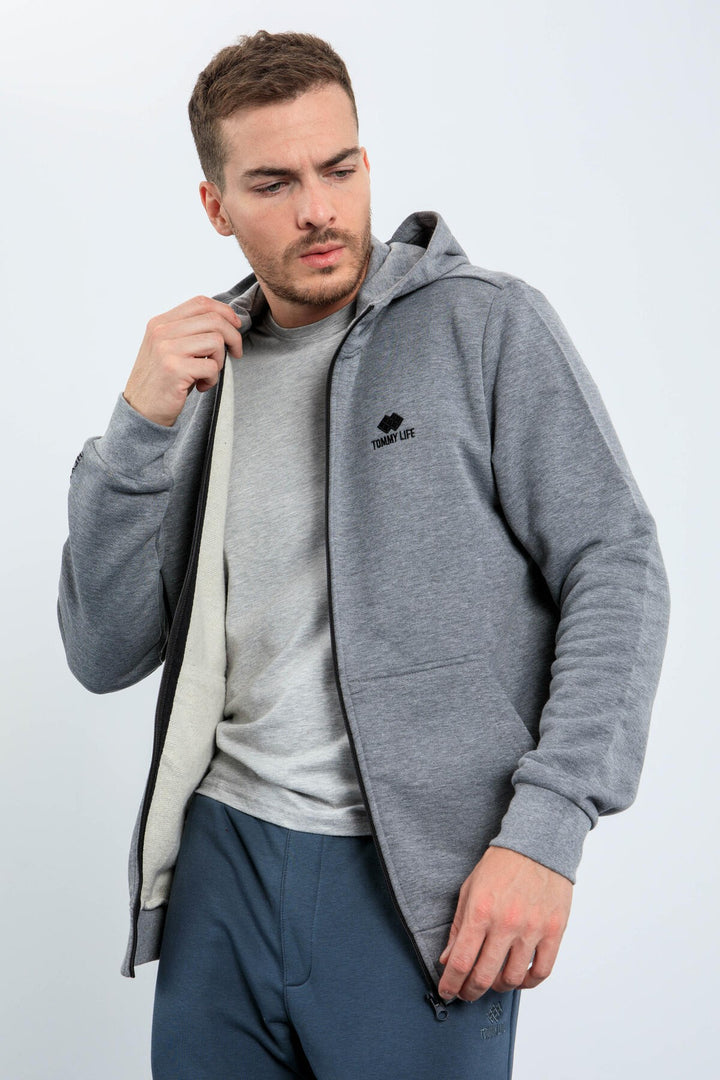 TMY Gray Melange Basic Hooded Comfort Fit Embroidered Detail Zippered Men's Sweatshirt - 88035 - Evans