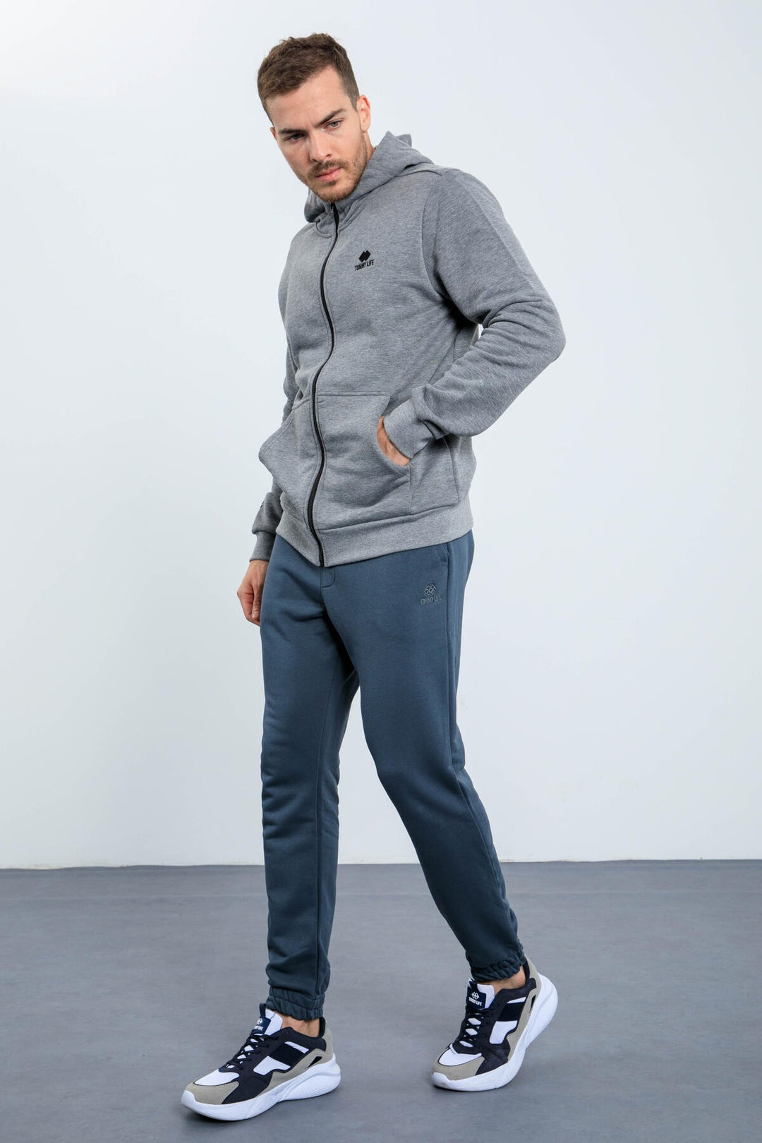 TMY Gray Melange Basic Hooded Comfort Fit Embroidered Detail Zippered Men's Sweatshirt - 88035 - Evans