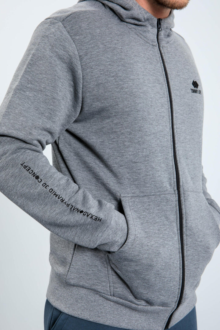 TMY Gray Melange Basic Hooded Comfort Fit Embroidered Detail Zippered Men's Sweatshirt - 88035 - Evans
