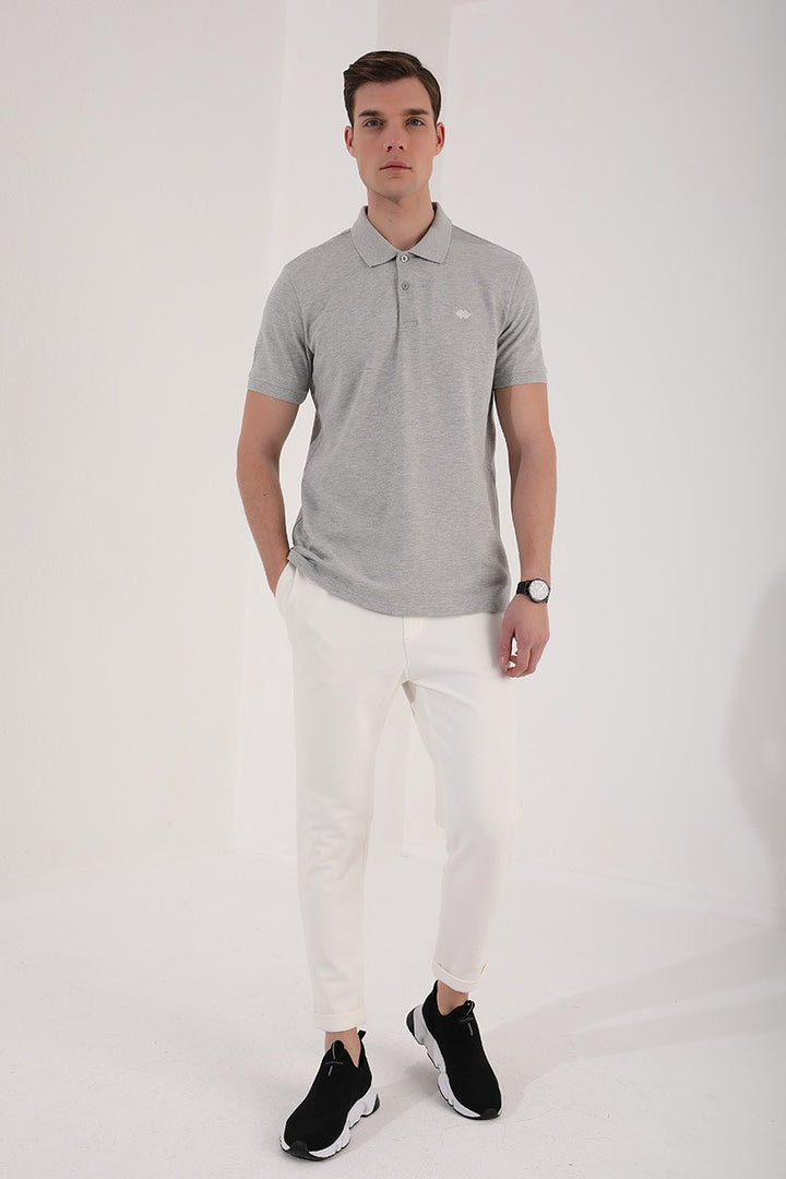 TMY Gray Melange Basic Logo Standard Fit Knit Polo Neck Men's T-Shirt - 87748 - Worcester