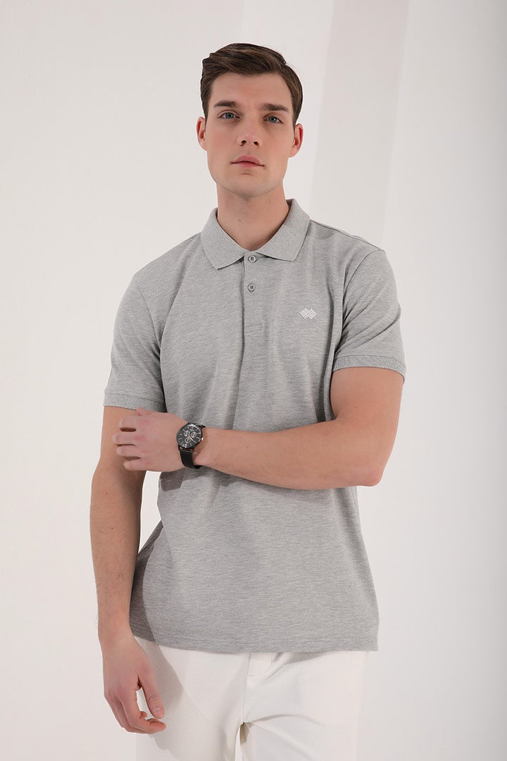 TMY Gray Melange Basic Logo Standard Fit Knit Polo Neck Men's T-Shirt - 87748 - Worcester