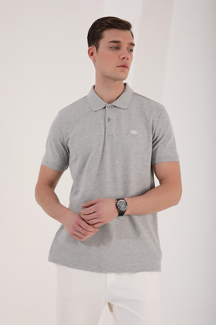 TMY Gray Melange Basic Logo Standard Fit Knit Polo Neck Men's T-Shirt - 87748 - Worcester