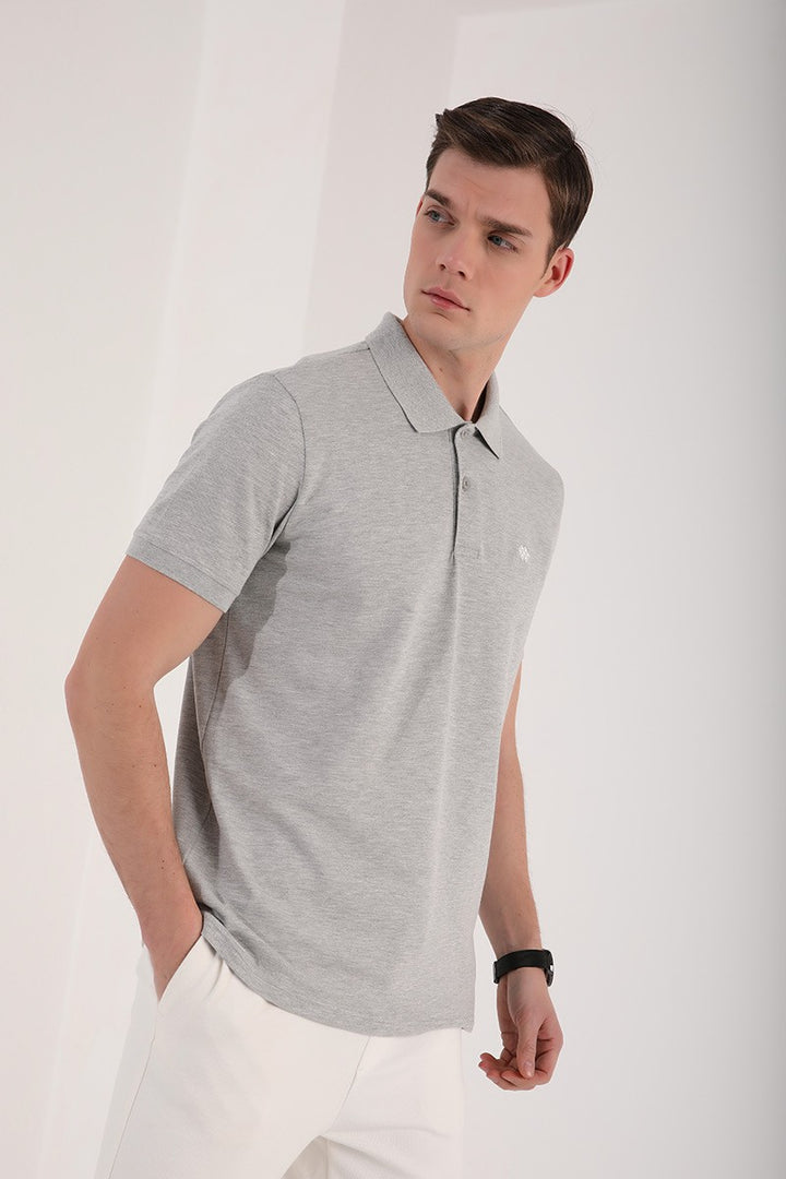 TMY Gray Melange Basic Logo Standard Fit Knit Polo Neck Men's T-Shirt - 87748 - Worcester