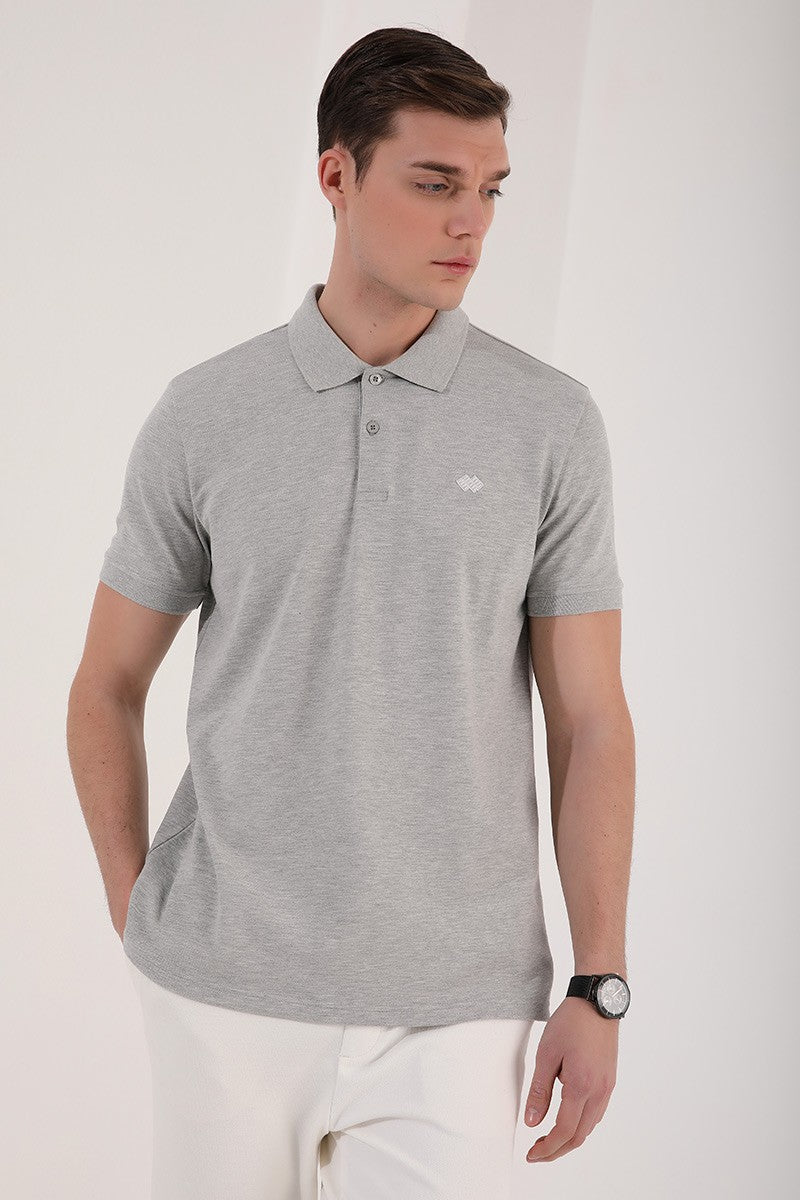 TMY Gray Melange Basic Logo Standard Fit Knit Polo Neck Men's T-Shirt - 87748 - Worcester
