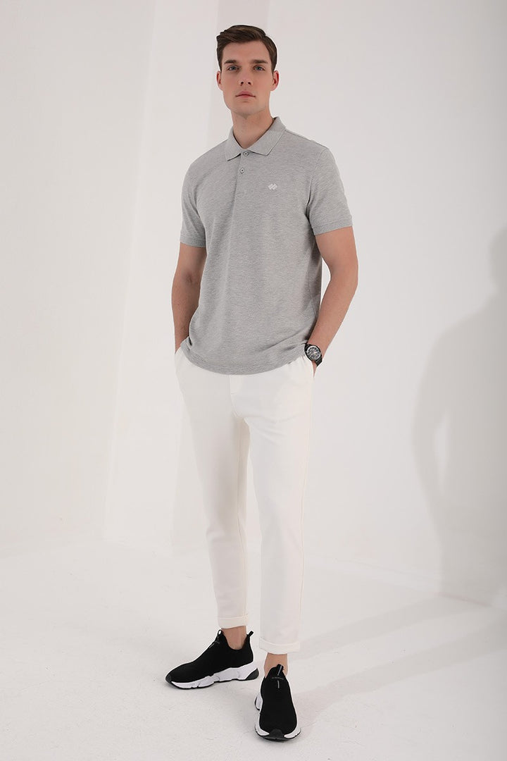 TMY Gray Melange Basic Logo Standard Fit Knit Polo Neck Men's T-Shirt - 87748 - Worcester
