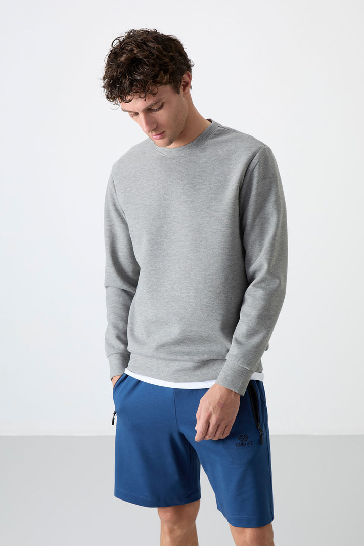 TMY Gray Melange Basic Round Neck Comfort Fit Men's Sweatshirt - 88053 - Howell