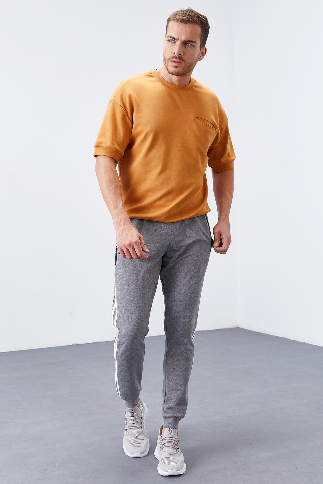 TMY Gray Melange Double Ruffle Striped Standard Mold Jogger Men's Sweatpants - 84694 - Vólos