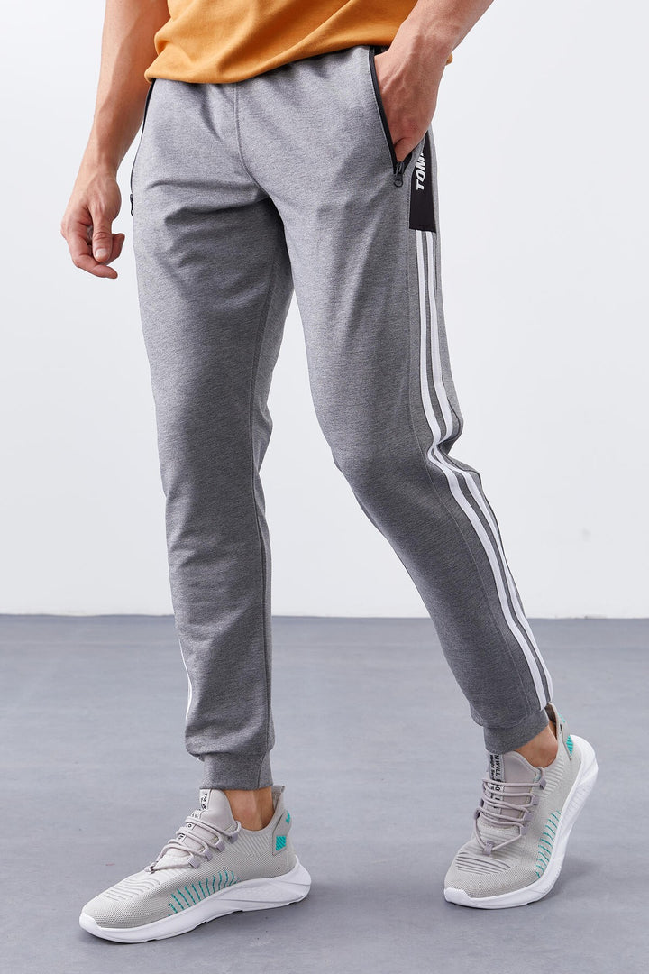 TMY Gray Melange Double Ruffle Striped Standard Mold Jogger Men's Sweatpants - 84694 - Vólos