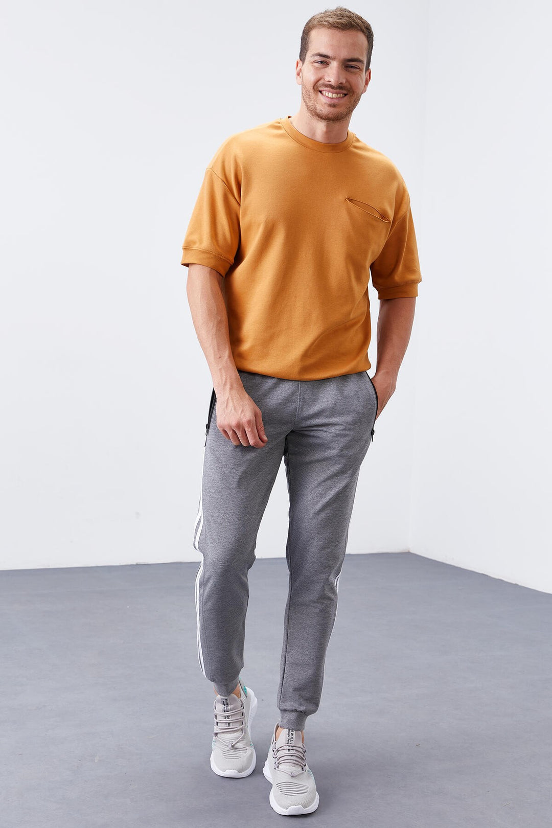 TMY Gray Melange Double Ruffle Striped Standard Mold Jogger Men's Sweatpants - 84694 - Vólos
