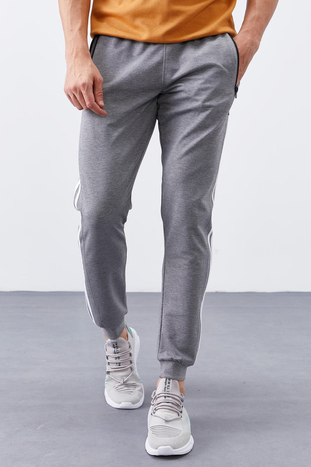 TMY Gray Melange Double Ruffle Striped Standard Mold Jogger Men's Sweatpants - 84694 - Vólos