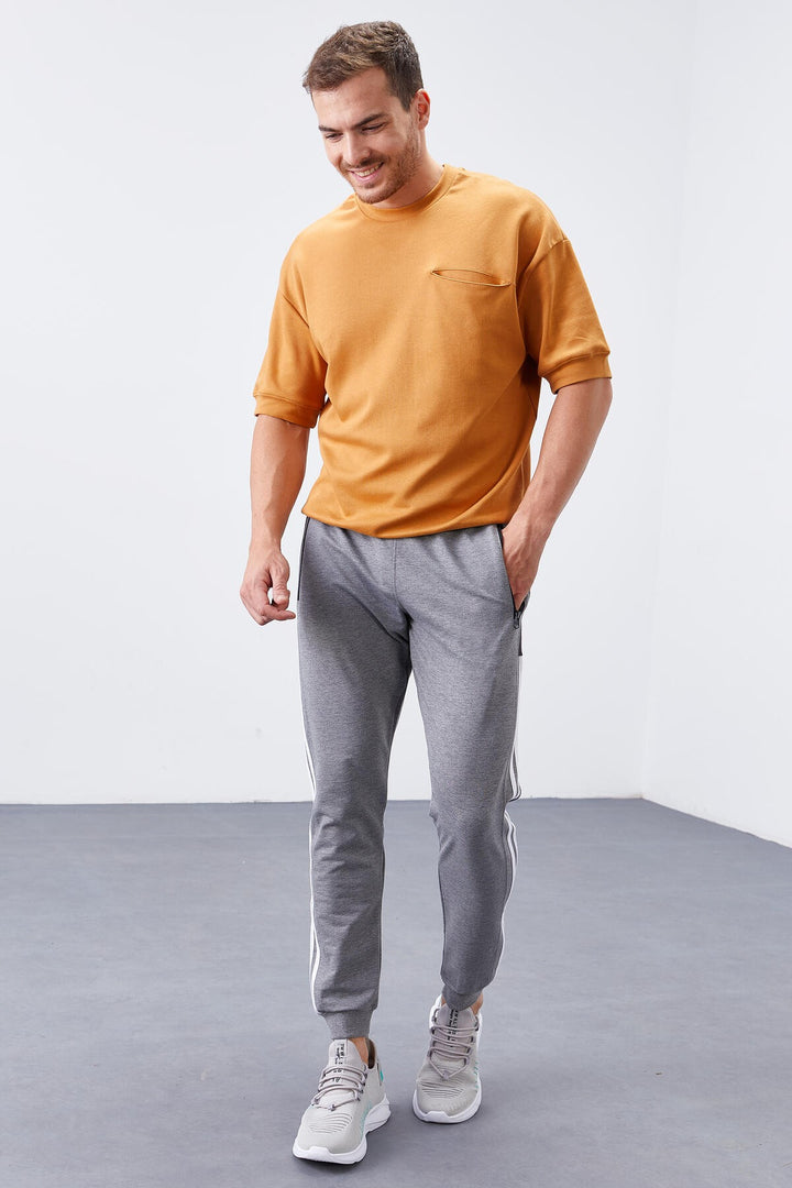 TMY Gray Melange Double Ruffle Striped Standard Mold Jogger Men's Sweatpants - 84694 - Vólos