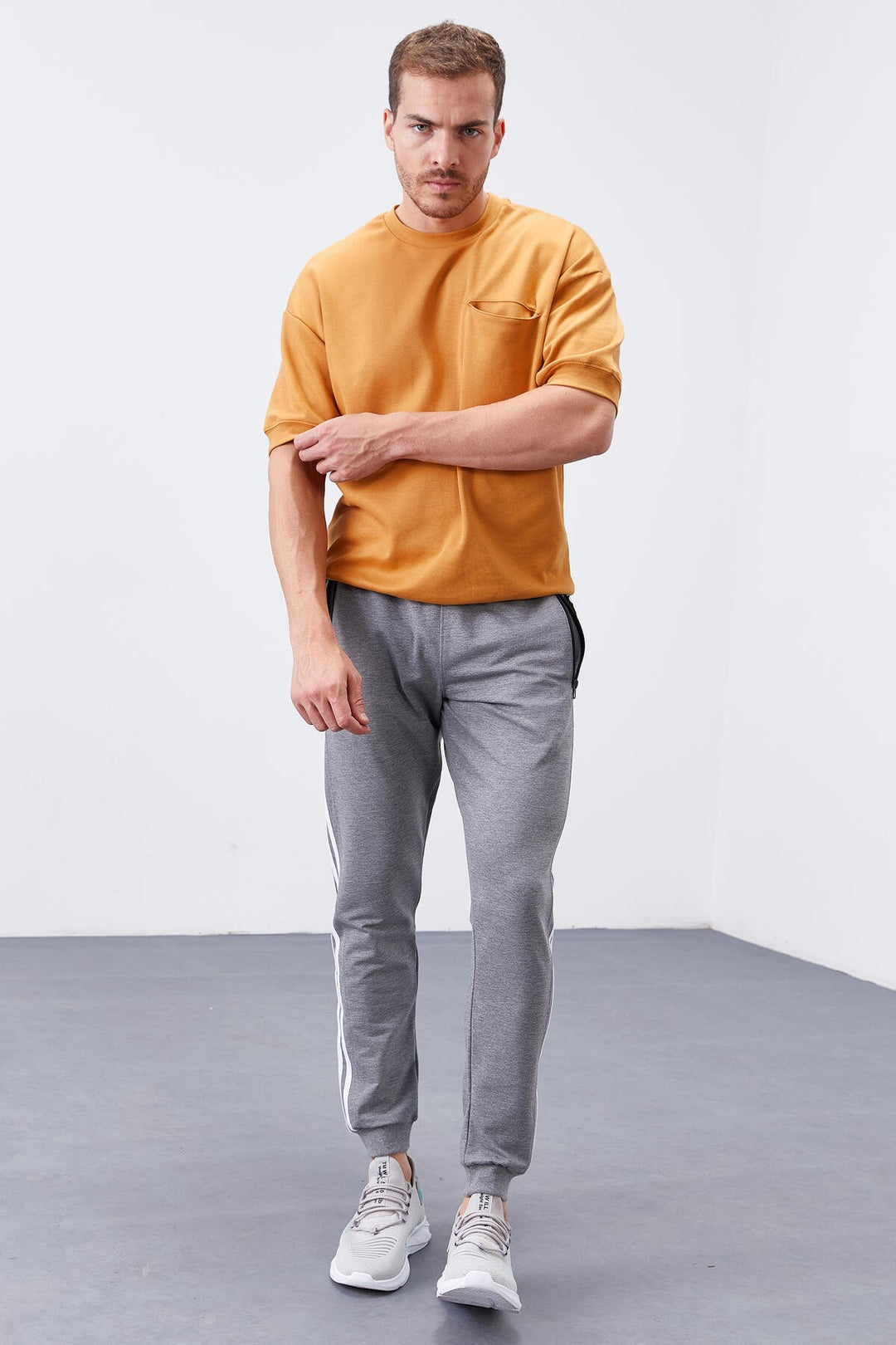 TMY Gray Melange Double Ruffle Striped Standard Mold Jogger Men's Sweatpants - 84694 - Vólos