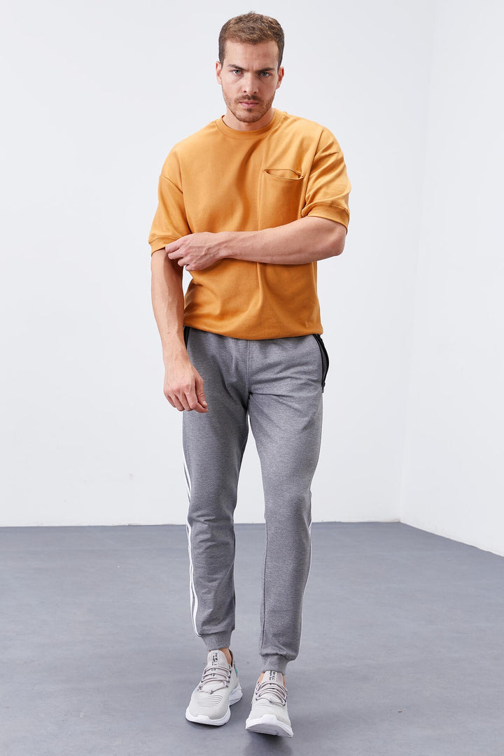 TMY Gray Melange Double Ruffle Striped Standard Mold Jogger Men's Sweatpants - 84694 - Vólos
