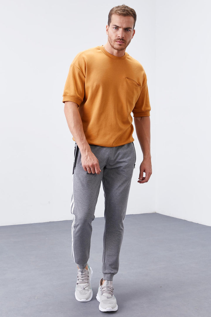 TMY Gray Melange Double Ruffle Striped Standard Mold Jogger Men's Sweatpants - 84694 - Vólos