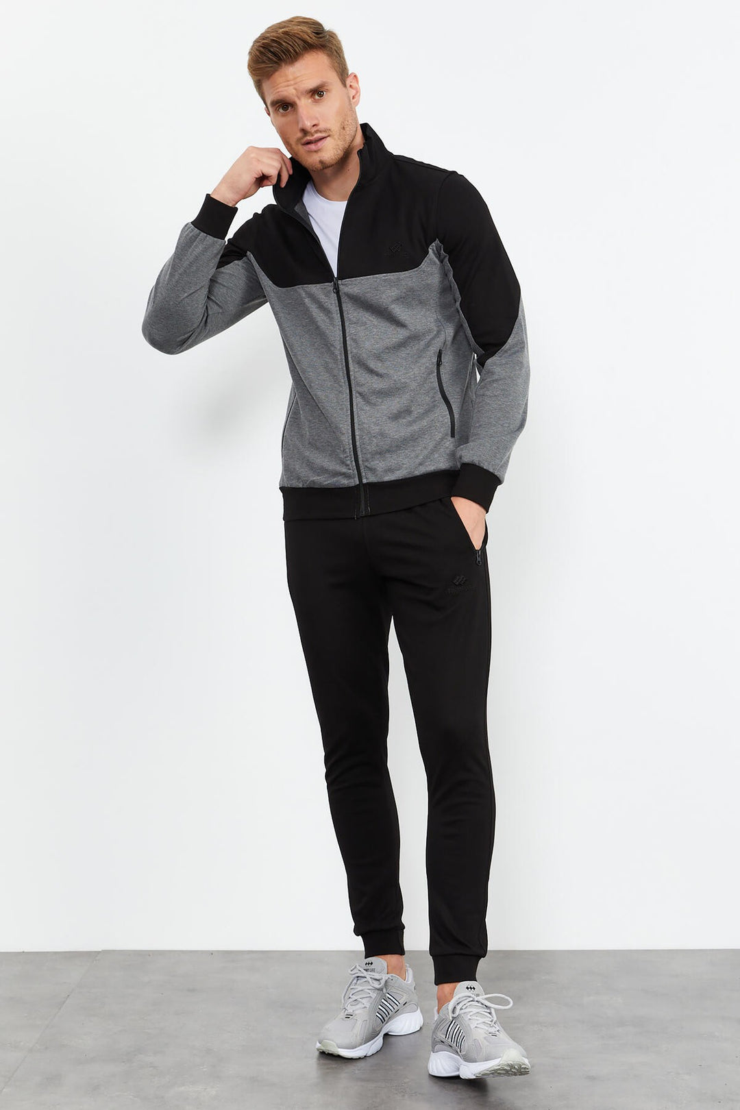 TMY Gray Melange Round Neck Two-Tone Standard Fit Cuffed Men's Tracksuit - 85142 - Hemel Hempstead